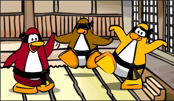 Dancing penguins with card-jitsu belts